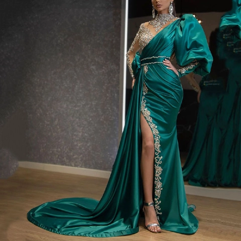 Emerald Green Satin Evening Gown Asymmetrical One Shoulder Sequined High Slit Long Train Formal Prom Party Dress