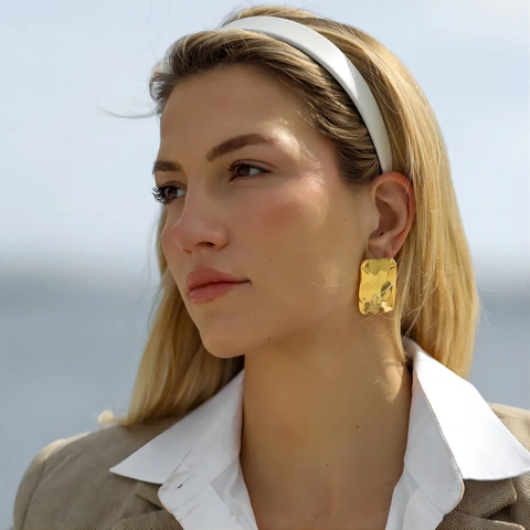 Hammered Texture Stainless Steel Stud Earrings For Women 18K Gold Plated Geometric Rectangular Statement Jewelry Vintage
