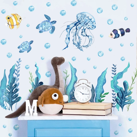 Autocollants Muraux Animaux Marins Sous-Marins PVC Auto-Adhésif Aquarelle Thème Océan Tortue De Mer Méduse Décor Pour Salon Salle De Bain