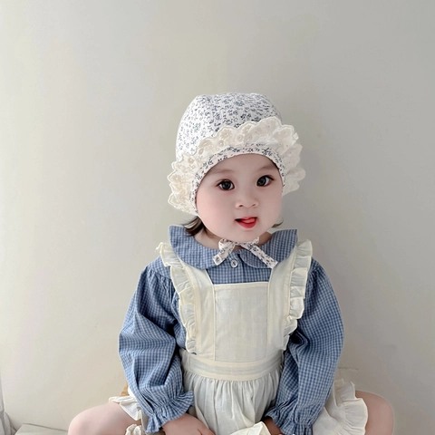 Cuffia Neonato Floreale Cotone Cappello Con Bordo In Pizzo E Laccetto Per Neonata Stile Pastorale Vintage