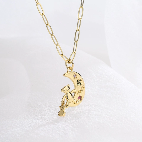 Collana Con Pendente Orsetto Mezzaluna Rame Placcato Oro 18K Zircone Colorato Iscrizione Love Gioielli Per Donne Ragazze