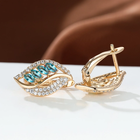 Elegant Leaf Hoop Earrings Copper Marquise Zircon Leverback Colorful Stone Jewelry For Women