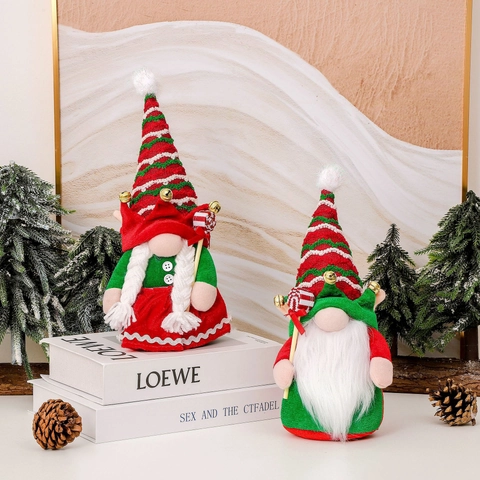 Christmas Gnome Plush Dolls Faceless Swedish Tomte Ornament Striped Hat With Bell Holding Candy Cane Xmas Table Decoration