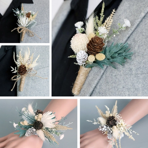 Forest Style Wedding Boutonniere Wrist Corsage Silk Flower Pine Cone Dried Flower Hemp Rope Artificial Pearl Rustic Decor