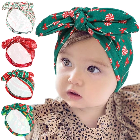 Christmas Baby Turban Hat With Bow Infant Toddler Soft Polyester Printed Beanie Hat Holiday Decorative Headwear Accessories