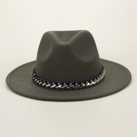 Women Vintage Woolen Fedora Hat With Gold Metal Chain And Satin Ribbon Wide Flat Brim Elegant Autumn Winter Jazz Felt Hat