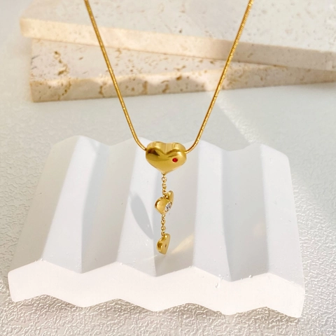 Collar con Colgante de Borla Geométrica de Corazón Redondo de Acero de Titanio Chapado en Oro Strass Joyería Mujer
