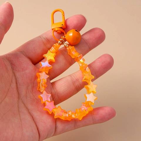 Iridescent Star Beaded Keychain With Metal Bell And Hook Colorful Acrylic Pentagram Pendant Hand Strap Ornament