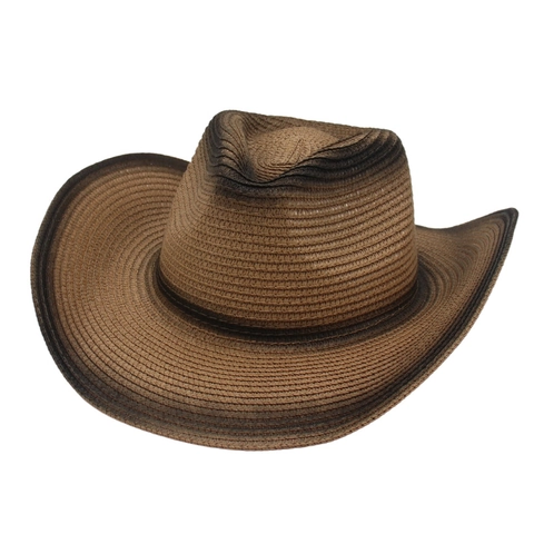 Sombrero De Vaquero De Paja Papel Transpirable Ala Ancha Degradado De Color Con Cuerda Cortavientos Verano Exterior Playa Retro