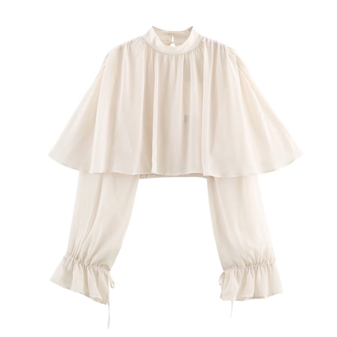 Damen Chiffon Bluse Halber Stehkragen Rüschen Cape Lagenlaterne Langarm Elegant Einfarbig Oberteil