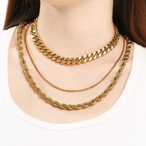 Layered Necklace Stainless Steel Cuban Link Rope Chain Hip Hop Punk Style Fashion Commuter Jewelry For Women Gold Silver