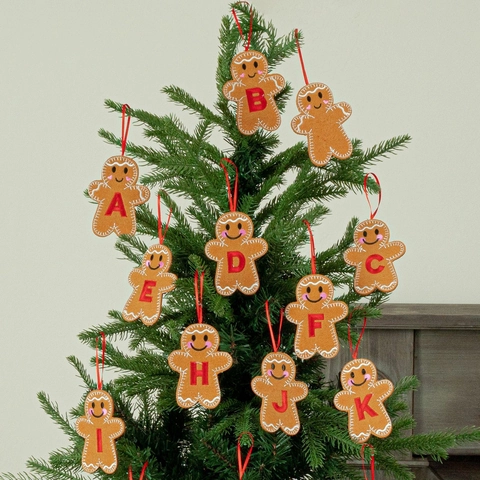 Gingerbread Man Christmas Tree Hanging Ornament Felt Embroidered Alphabet Letter Red Ribbon String Holiday Party Decor