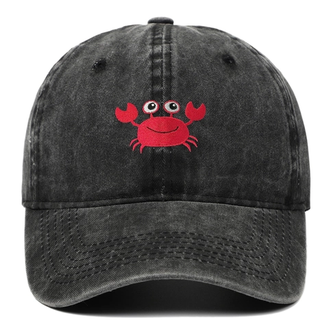 Vintage Washed Cotton Baseball Cap With Crab Embroidery Adjustable Strap Outdoor Casual Sun Hat For Women Men