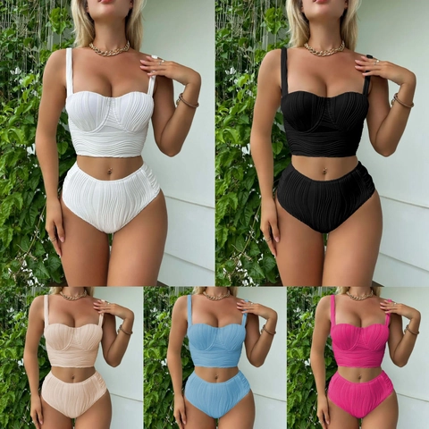 Bikini Costume Da Bagno Vita Alta Tessuto A Costine Tinta Unita Imbottito Con Ferretto Beachwear Donna Vacanza
