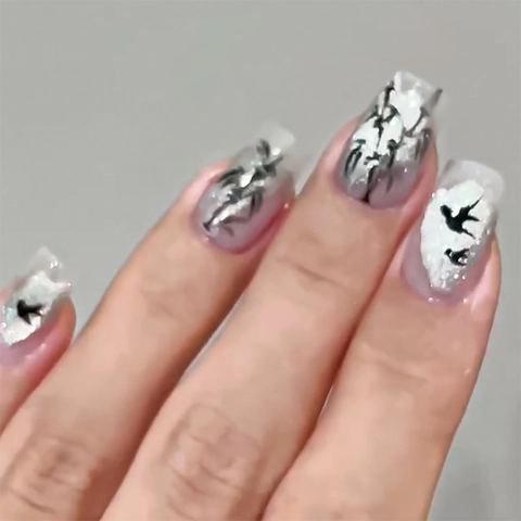 Chinese Inktstijl Press On Nails Kattenoog Effect Bamboe Vogel Patroon ABS Plastic Kunstnagels Kort Vierkant Rond Voor Vrouwen