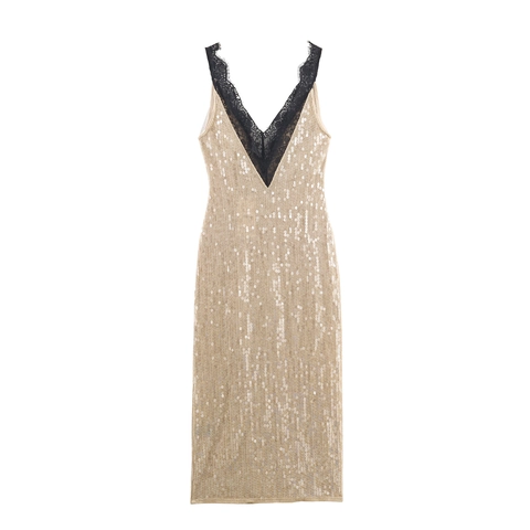 Elegantes Pailletten Maxi Kleid Mit V-Ausschnitt Und Spitzenbesatz Für Damen Abendparty Funkelnd Champagner Gold