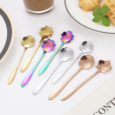 Cucchiaini Da Caffè In Acciaio Inox A Forma Di Fiore Lucidatura A Specchio Cucchiai Per Dessert E Tè Arcobaleno Oro