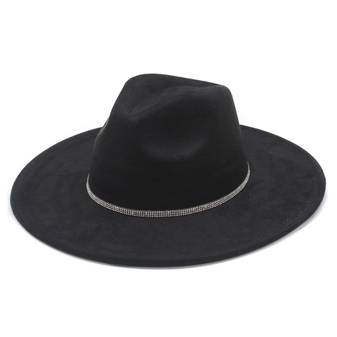 Wide Brim Fedora Hat Suede Rhinestone Band Jazz Western Vintage Elegant Style For Men Women