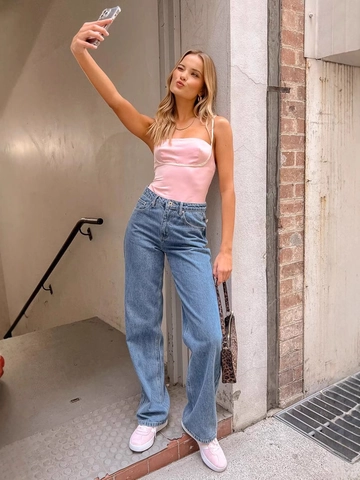 Women High Waist Straight Leg Jeans Back Bow Decor Denim Wide Leg Casual Trousers
