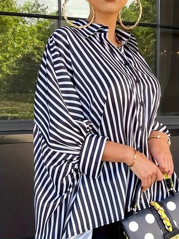 Women Striped Oversized Long Sleeve Shirt Polyester Spandex Irregular Hem Button Up Lapel Casual Fashion Top