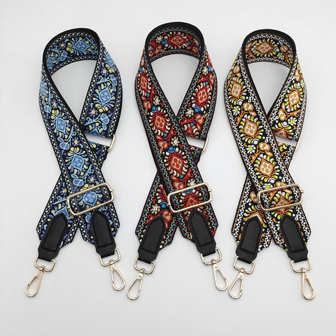 Wide Shoulder Strap Replacement Ethnic Embroidery Pattern Polyester PU Leather Adjustable Rotating Metal Hooks For Women Bags