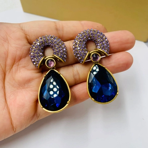 Vintage Galvanizado Dorado Retro Aleación Pendientes Con Poste Plata Ley 925 Azul Profundo Gota Strass Pendientes de Botón