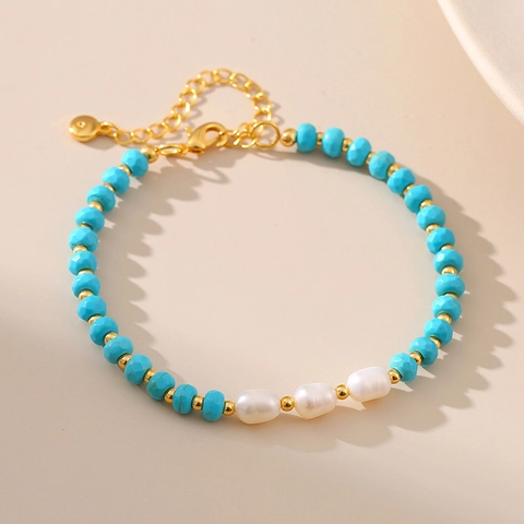 Natural Freshwater Pearl Beaded Bracelet With Faceted Turquoise Beads And 18K Gold Plated Spacers Exotic Jewelry