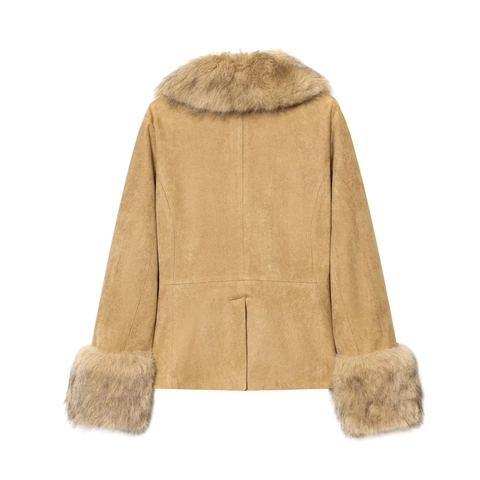 Damen Jacke Aus Wildlederimitat Mit Kunstpelzkragen Und Bündchen Revers Einreihig Khaki Winter Warmer Mantel