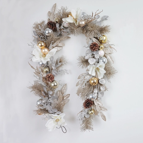 Christmas Wreath Garland Artificial White Magnolia Flower Natural Pinecone Gold Silver Ball Ornament Door Wall Decor