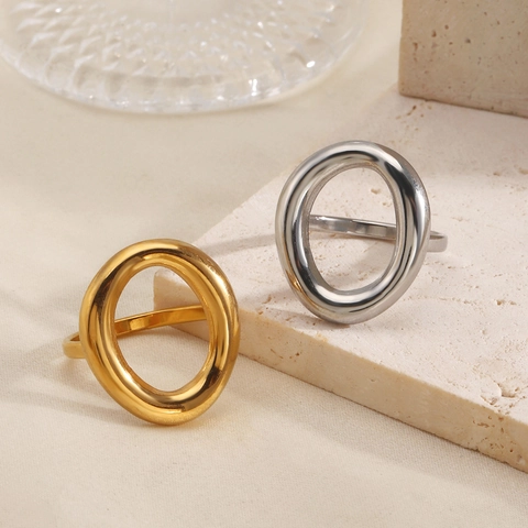Anello Geometrico Ovale Cavo Acciaio Inossidabile Placcato Oro 18K Gioielli Di Dichiarazione Minimalisti Per Donne