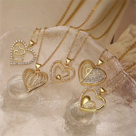 Heart Pendant Necklace Copper Cubic Zirconia Hollow Minimalist Fashion Jewelry For Women Gold Plated