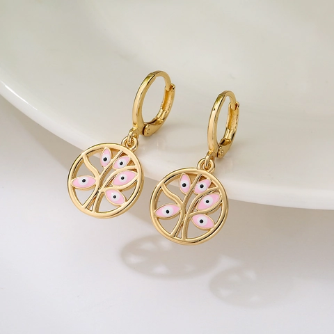 Tree Of Life Evil Eye Dangle Hoop Ohrringe 18K Vergoldetes Kupfer Emaille Nischenschmuck Für Frauen