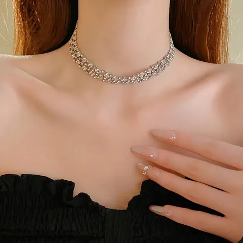 Elegante Collana Choker Con Strass Multistrato Traforata Lega Scintillante Gioielli Di Lusso Per Matrimonio Donna