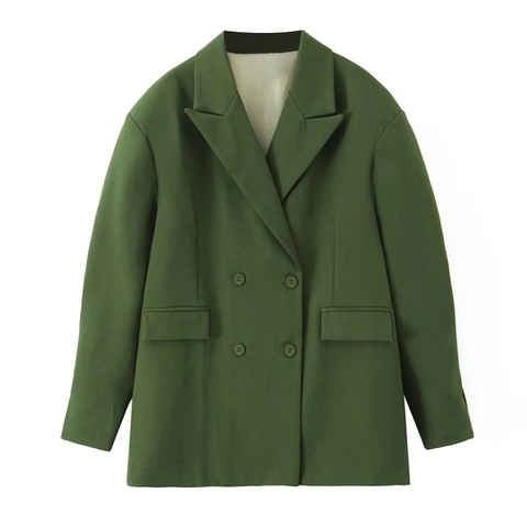 Women Double Breasted Blazer Jacket Loose Fit Notched Lapel With Flap Pockets Casual Office Solid Color Outerwear