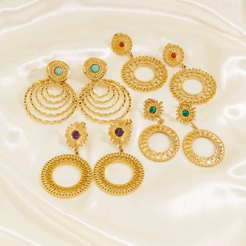 Orecchini Pendenti Bohemian in Acciaio Inossidabile per Donna Placcati in Oro Pietra Naturale Geometrici Cavi Orecchini