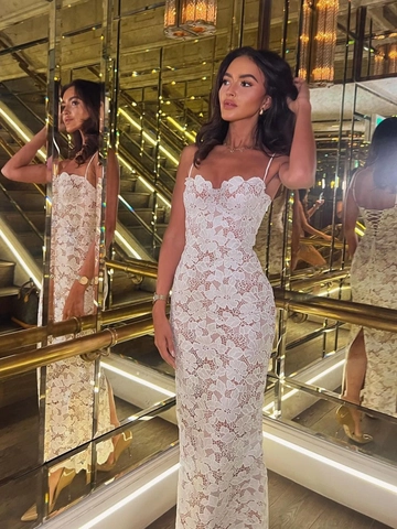 Weißes Spitze Maxi Kleid Für Damen Ausgehöhlt Floral Spaghetti Träger Bodycon Eng Anliegend Abend Party Formal
