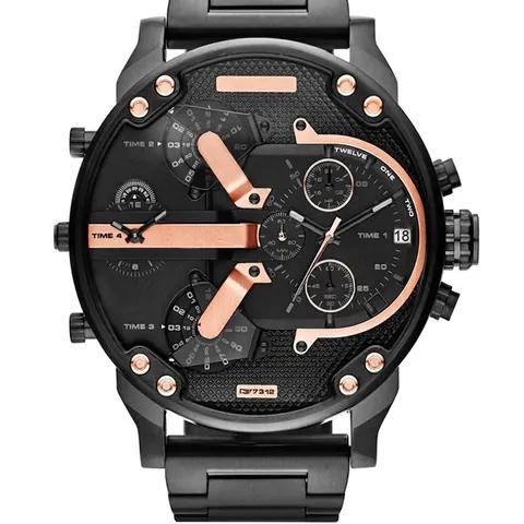 Men Multi Time Zone Watch Large Dial Stainless Steel Band Quartz Industrial Style Date Fashion Wristwatch Water Resistant