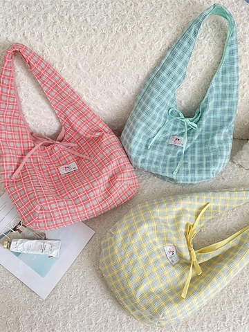 Shoulder Tote Bag Polyester Plaid Pattern Lace Up Bow Decoration Casual Korean Style For Women