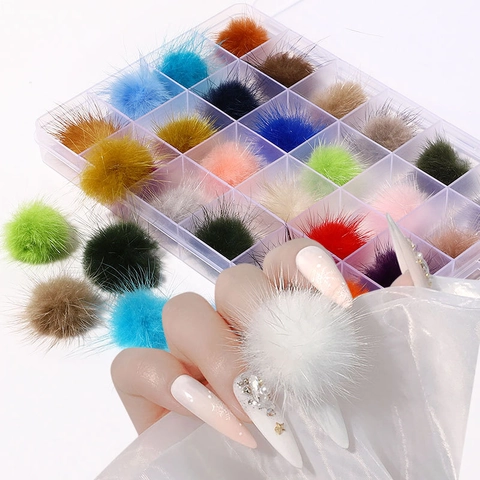 Detachable Magnetic 3D Fluffy Fur Ball Nail Art Ornaments Multi Color Faux Fur Pom Poms For Manicure DIY Decorations