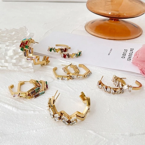 Modern 316L Stainless Steel Irregular Geometric Zirconia Earrings 18K Gold Plated Colorful Inlaid Stud Earrings Jewelry