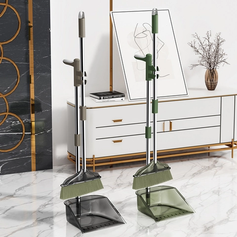 Broom And Dustpan Stainless Steel Long Pole Transparent Upright Storage With Comb Teeth Hair Cleaning For Home Floor Indoor