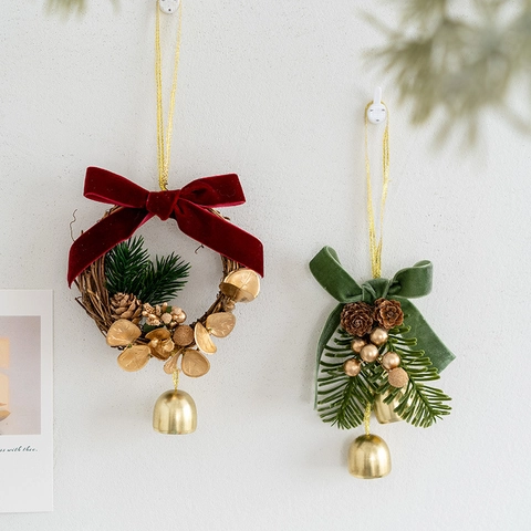 Christmas Hanging Ornament Velvet Bow Metal Bell Artificial Pine Needle Pine Cones Holiday Home Decor