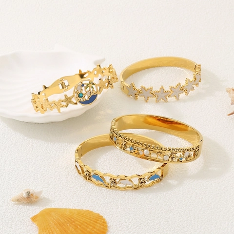 Dolphin Sea Star Palm Tree Ocean Theme Bracelet Stainless Steel Enamel Gold Plated Fashion Jewelry For Women