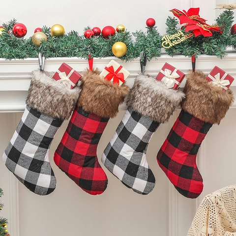 Calcetín De Navidad De Cuadros Buffalo Bolsa De Regalo Colgante De Tela Con Puño De Piel Sintética Para Decoración