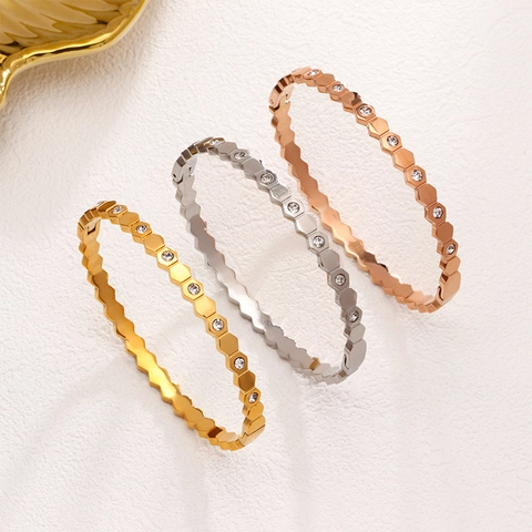 Honeycomb Hexagon Bangle Stainless Steel 18K Gold Plated Cubic Zirconia Inlaid Geometric Bracelet For Women Luxury Minimalist