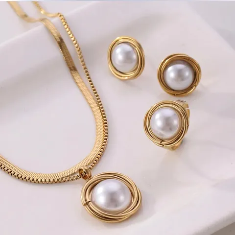 Vintage Roestvrij Staal Kunstparel Sieradenset Voor Dames Vergulde Ketting Oorbellen Ring Geometrische Mode Sieraden