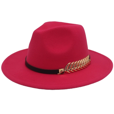 Retro Fedora Hat Wool Felt Wide Brim Jazz Cap With Golden Leaf Metal Buckle Decorative Black Band For Men Women Unisex