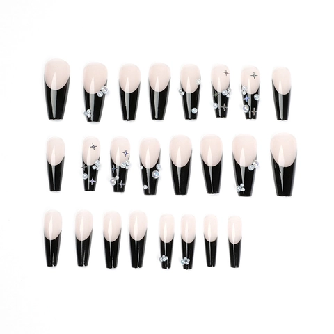 Uñas Postizas Coffin Largo Press On Punta Francesa Negra Con Perla Artificial 3D Y Estrella Brillante Uñas Artificiales Para Mujer