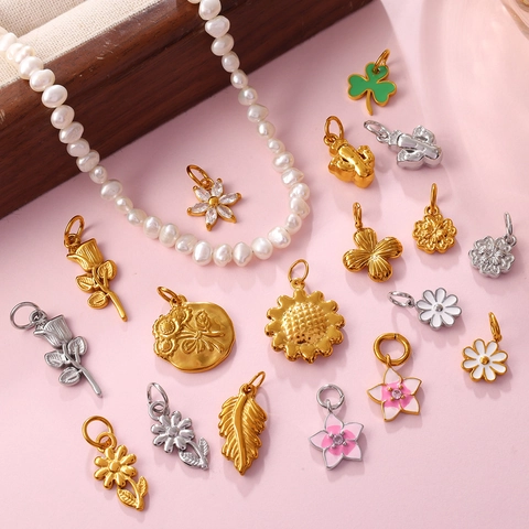 Stainless Steel Jewelry Charms Flower Daisy Clover Leaf Cactus Pendants With Zircon Enamel For DIY Jewelry Making
