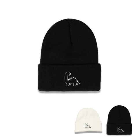 Knitted Beanie Hat Acrylic Warm Winter Soft Cute Dinosaur Embroidery Folded Cuff Unisex Couple Casual